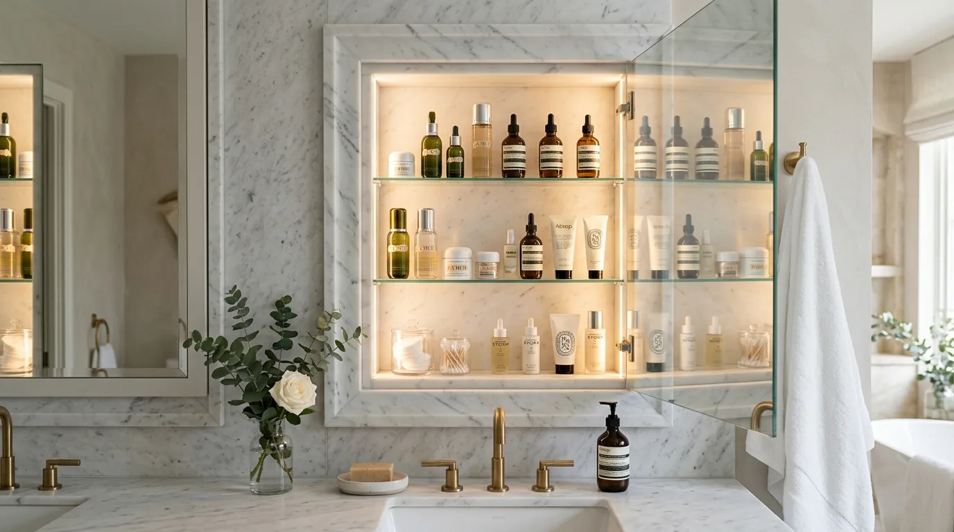 A shared vanity DIY medicine cabinet with twin mirror fronts and hidden center storage, no people
