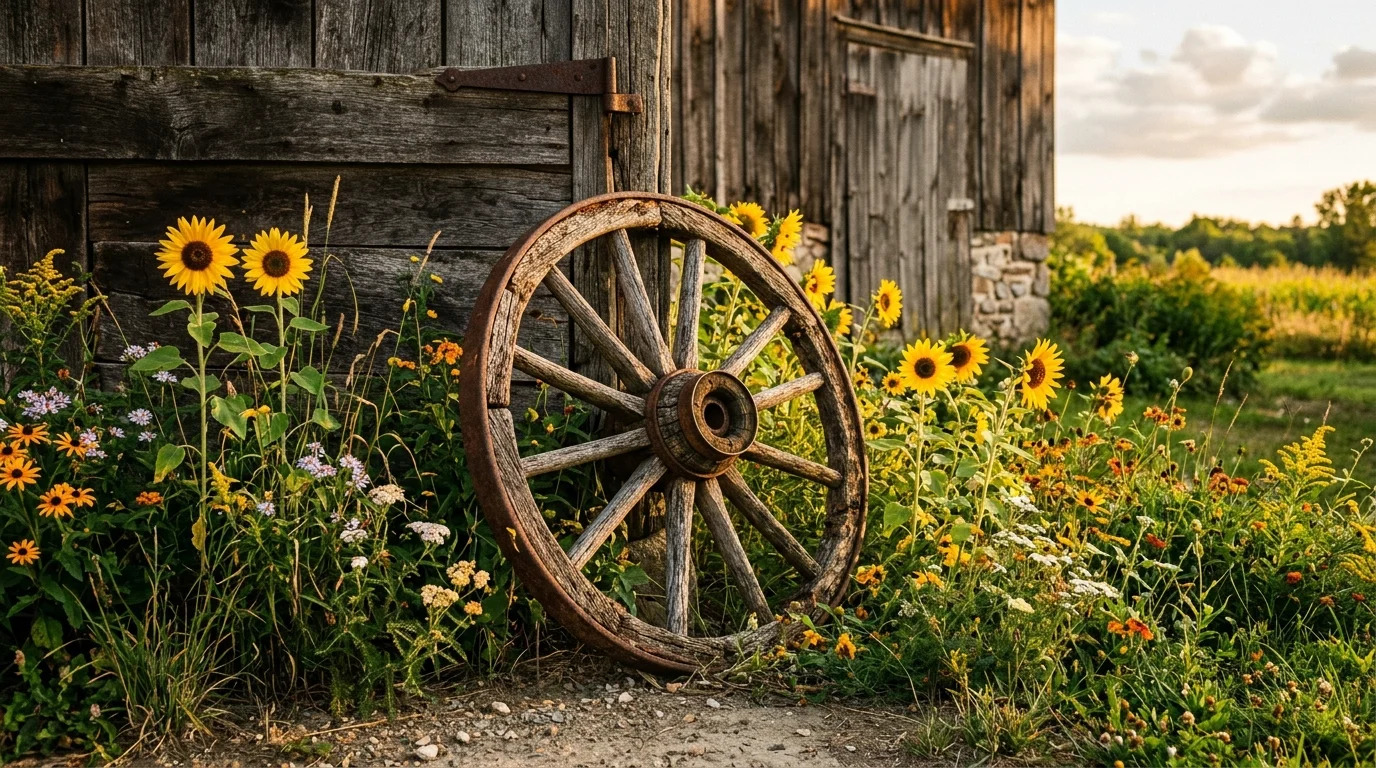 A weathered wooden wagon wheel leaning against a rustic barn wall, surrounded by blooming sunflowers and wildflowers in warm yellows and oranges, rough wood textures and aged metal rim visible, soft golden hour lighting casting long shadows, captured from a slightly low angle, no people