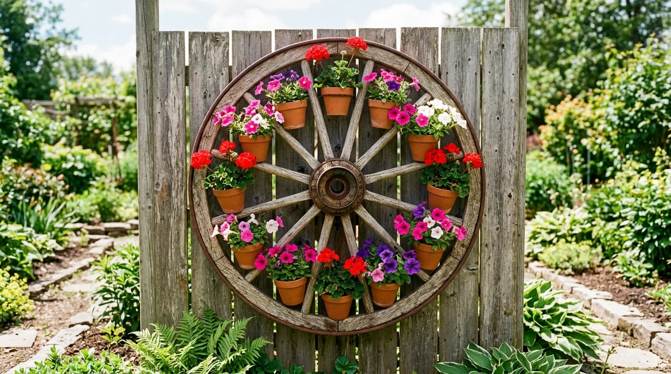 A wagon wheel repurposed as a vertical flower planter with small pots of colorful petunias and geraniums attached to each spoke, set against a wooden fence, vibrant reds and pinks contrasting natural wood tones, bright daylight, shot from a straight-on perspective, no people