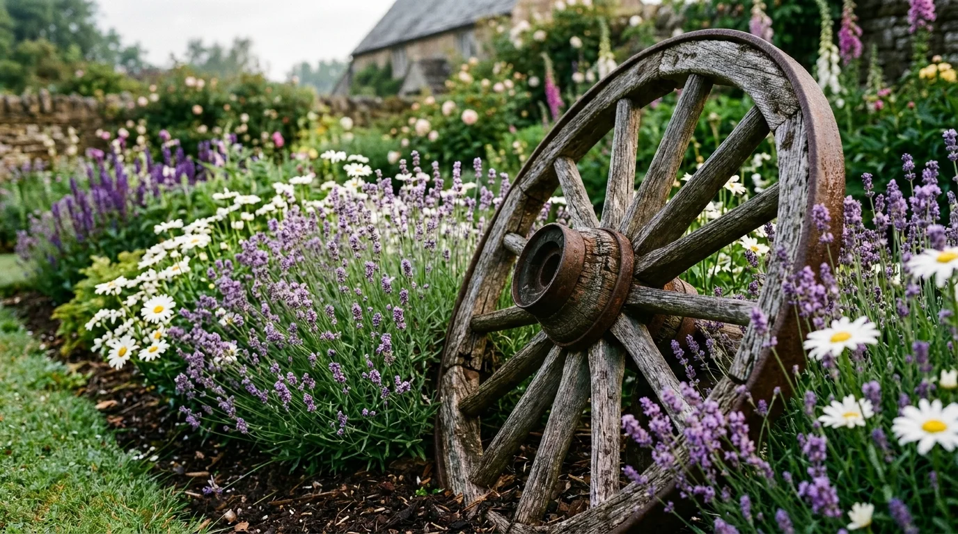 A large antique wagon wheel partially buried in a garden bed, encircled by lavender and daisies, aged wood with cracks and faded color, soft morning light with dew on petals, photographed from a side angle emphasizing depth, no people