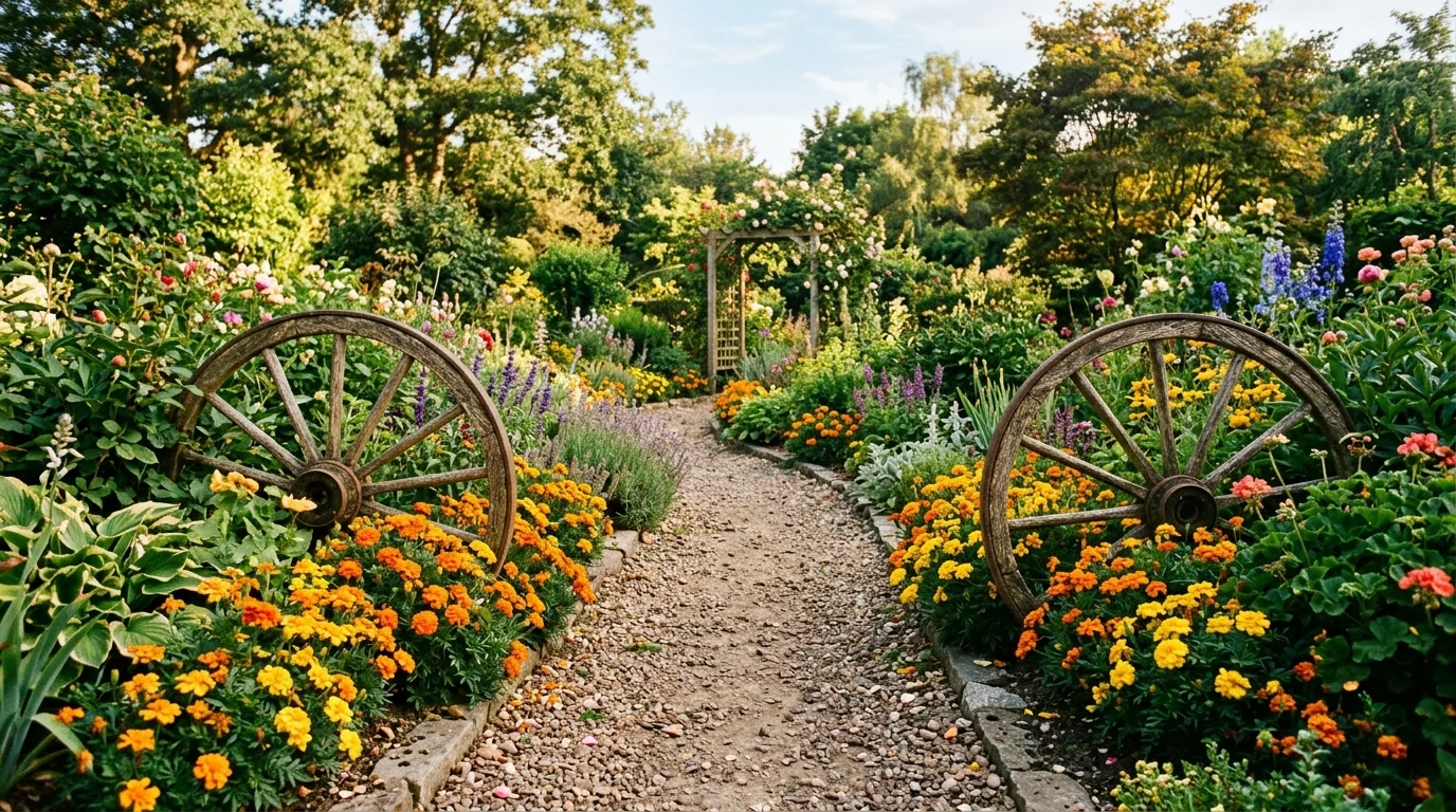 A rustic garden pathway bordered by two upright wagon wheels, surrounded by lush greenery and blooming marigolds, gravel path leading through, warm afternoon sunlight, captured from a centered walkway perspective, no people