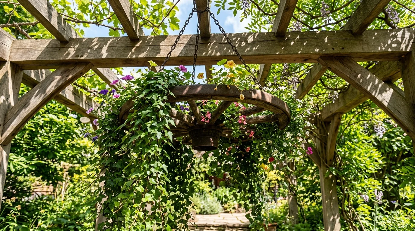 A wagon wheel transformed into a hanging garden feature suspended from a wooden pergola, adorned with trailing ivy and small flowering plants, dappled sunlight filtering through overhead beams, shot from a low upward angle, no people