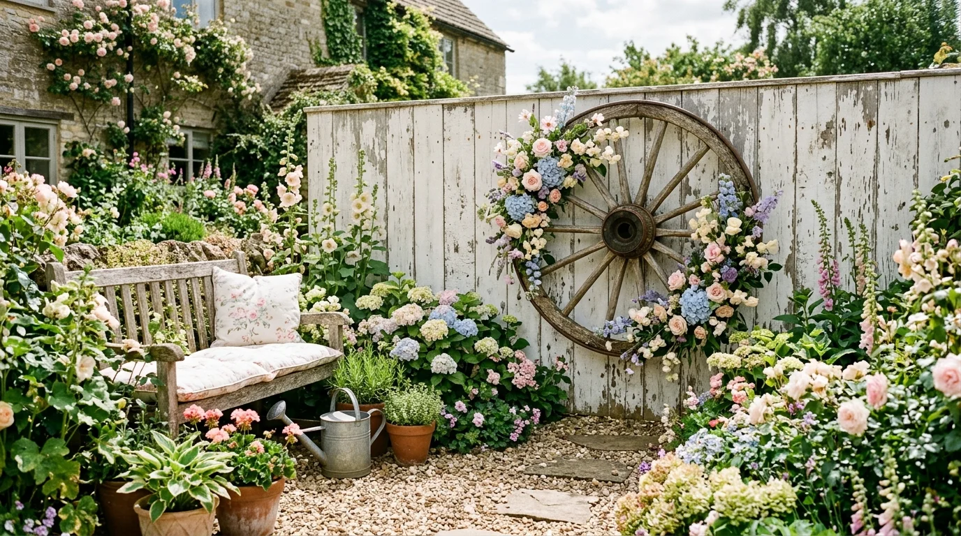 A farmhouse-style garden corner with a wagon wheel mounted on a whitewashed fence, decorated with seasonal flowers in soft pastel tones, textured wood and chipped paint adding charm, bright natural daylight, photographed at eye level, no people