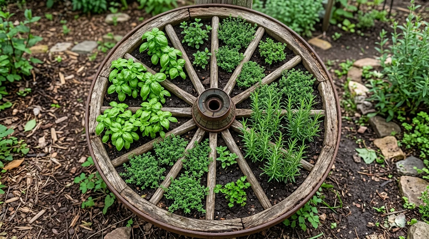 A wagon wheel used as a base for a circular herb garden, spokes dividing sections of basil, thyme, and rosemary, rich green tones and earthy soil textures, soft diffused lighting, captured from a top-down perspective, no people