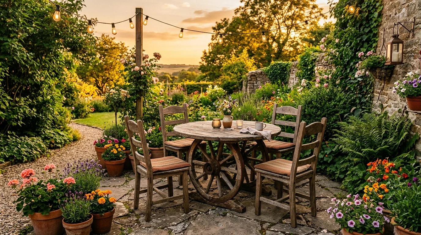A rustic outdoor seating area with a wagon wheel incorporated into a wooden table base, surrounded by potted flowers and greenery, warm wood tones and cozy ambiance, golden sunset lighting, shot from a slightly angled view, no people