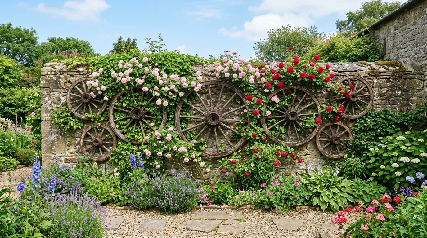 A garden wall decorated with multiple vintage wagon wheels of varying sizes, intertwined with climbing roses and vines, soft pink and red blooms against aged wood, bright daylight, photographed straight-on for symmetry, no people