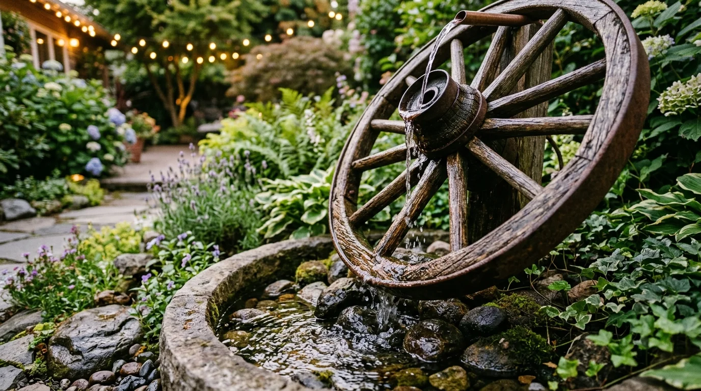 A wagon wheel fountain centerpiece with water gently flowing from the top over the wooden spokes into a small basin, surrounded by stones and greenery, soft ambient lighting, captured from a close angled perspective highlighting motion, no people