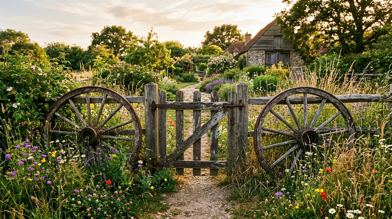 A rustic garden gate flanked by wagon wheels on either side, surrounded by wildflowers and tall grasses, weathered textures and natural tones, warm late afternoon light, photographed from a front-facing perspective, no people
