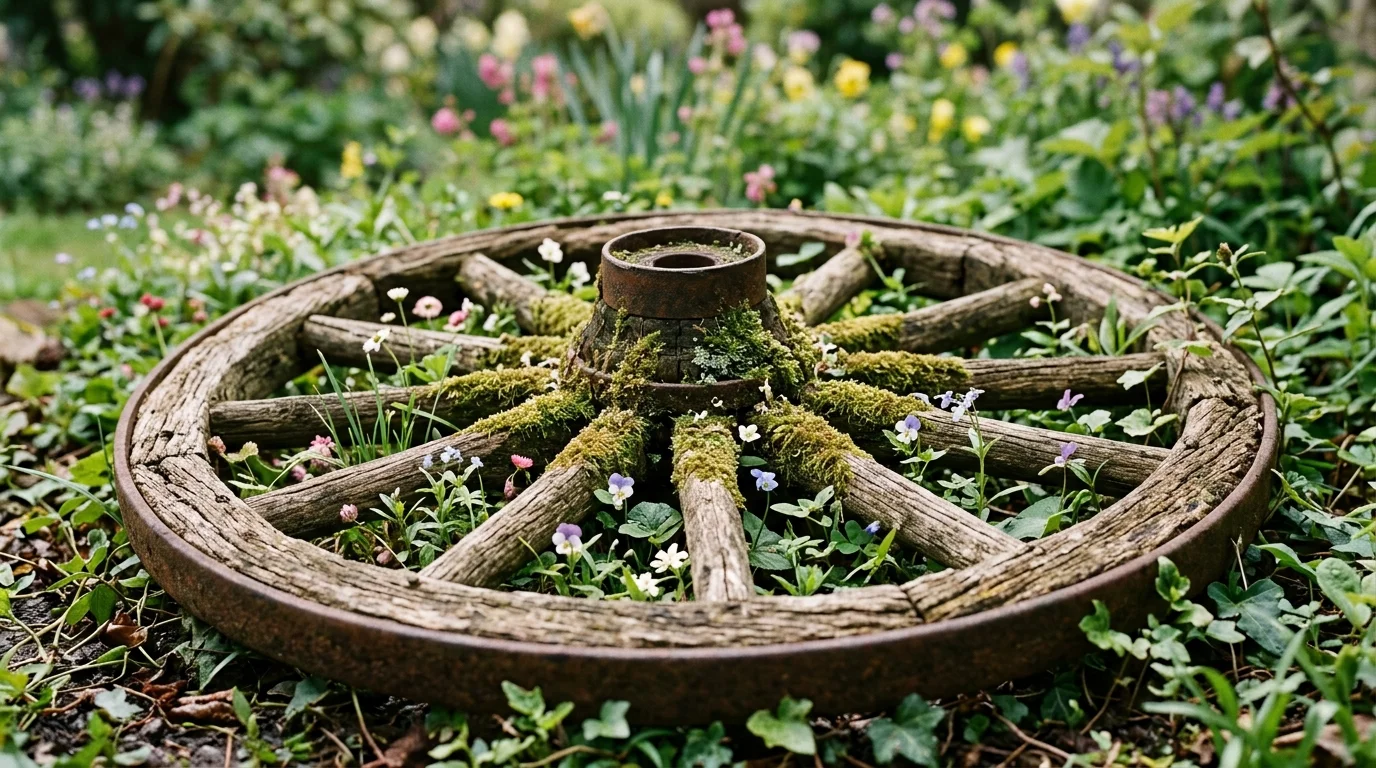 A close-up of a wagon wheel lying flat in a flower bed, spokes partially covered with moss and small blossoms growing between gaps, detailed textures of aged wood and greenery, soft morning light, macro-style shot, no people