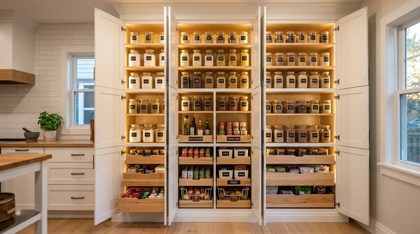 A tall DIY pantry cabinet with pull out shelves neatly storing everyday kitchen staples, no people