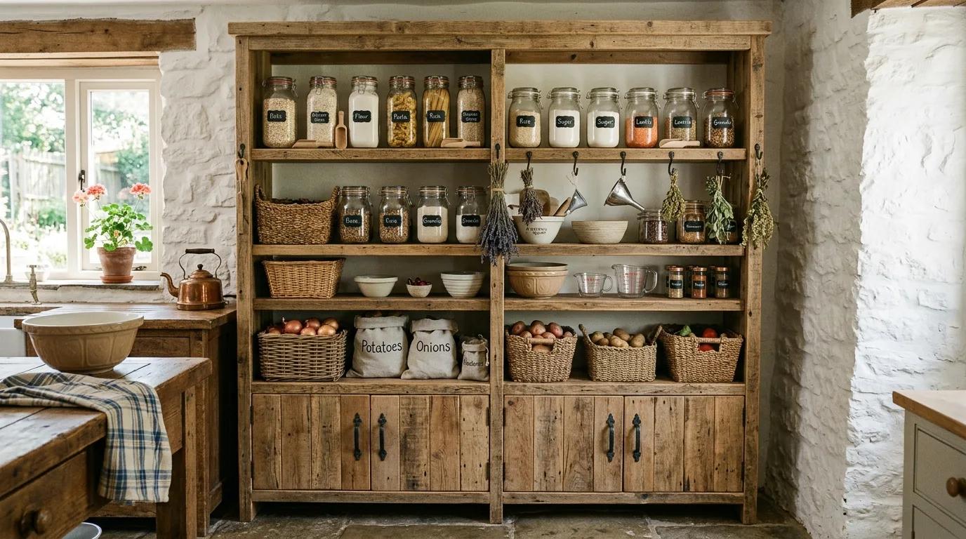 A DIY pantry cabinet wall with an appliance garage below and dry goods storage above, no people