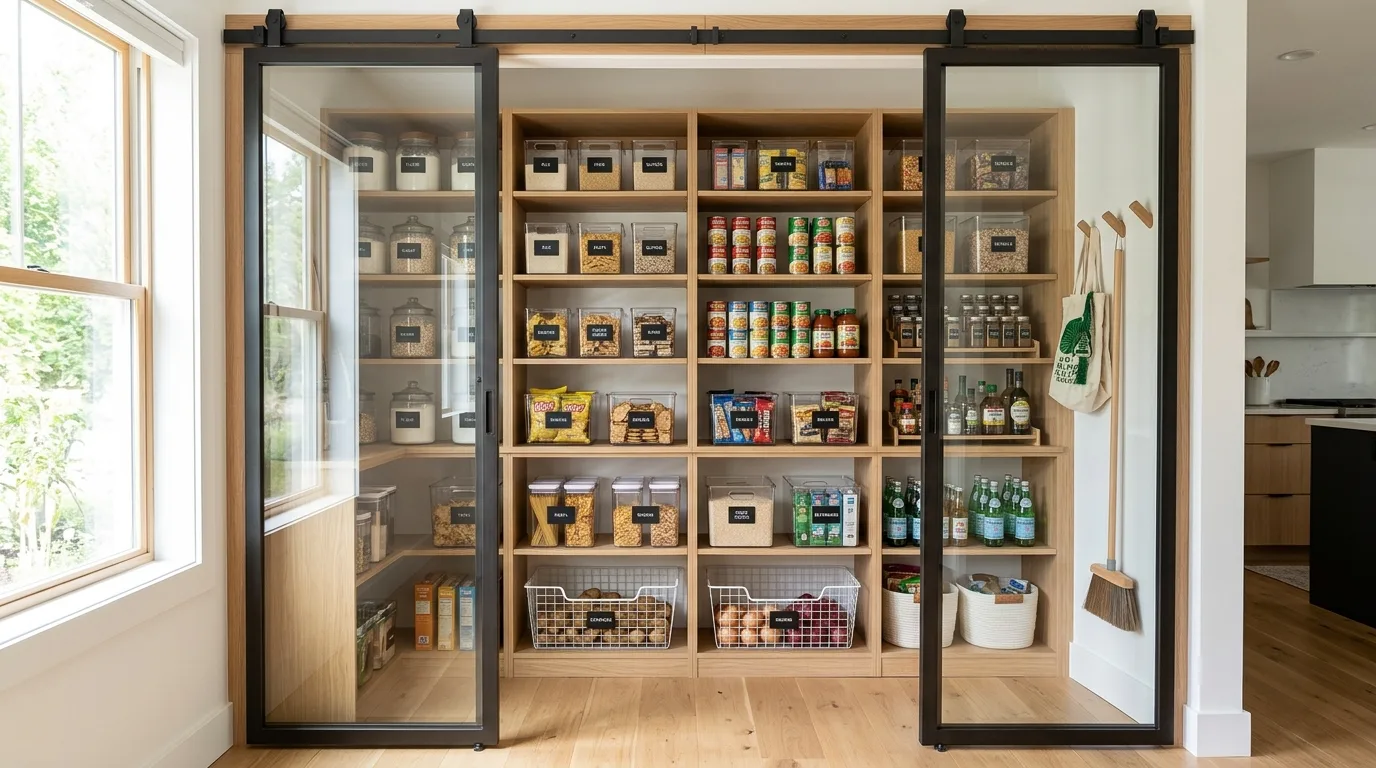 A shallow DIY pantry cabinet organized with canned goods and labeled baskets in a tidy kitchen, no people