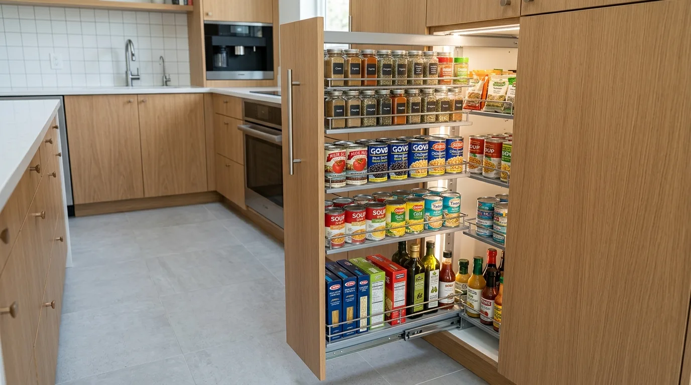 A farmhouse style DIY pantry cabinet with beadboard doors and wood crate bins for storage, no people