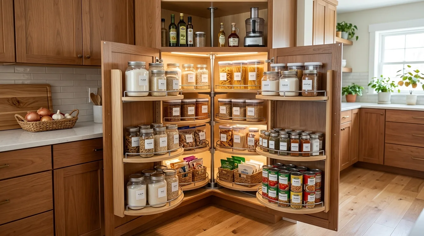 A corner DIY pantry cabinet with angled shelves making use of awkward kitchen space, no people