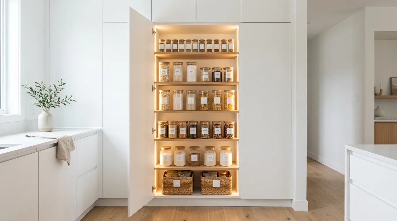 A walk in style DIY pantry cabinet wall with open snack zones and closed lower storage, no people