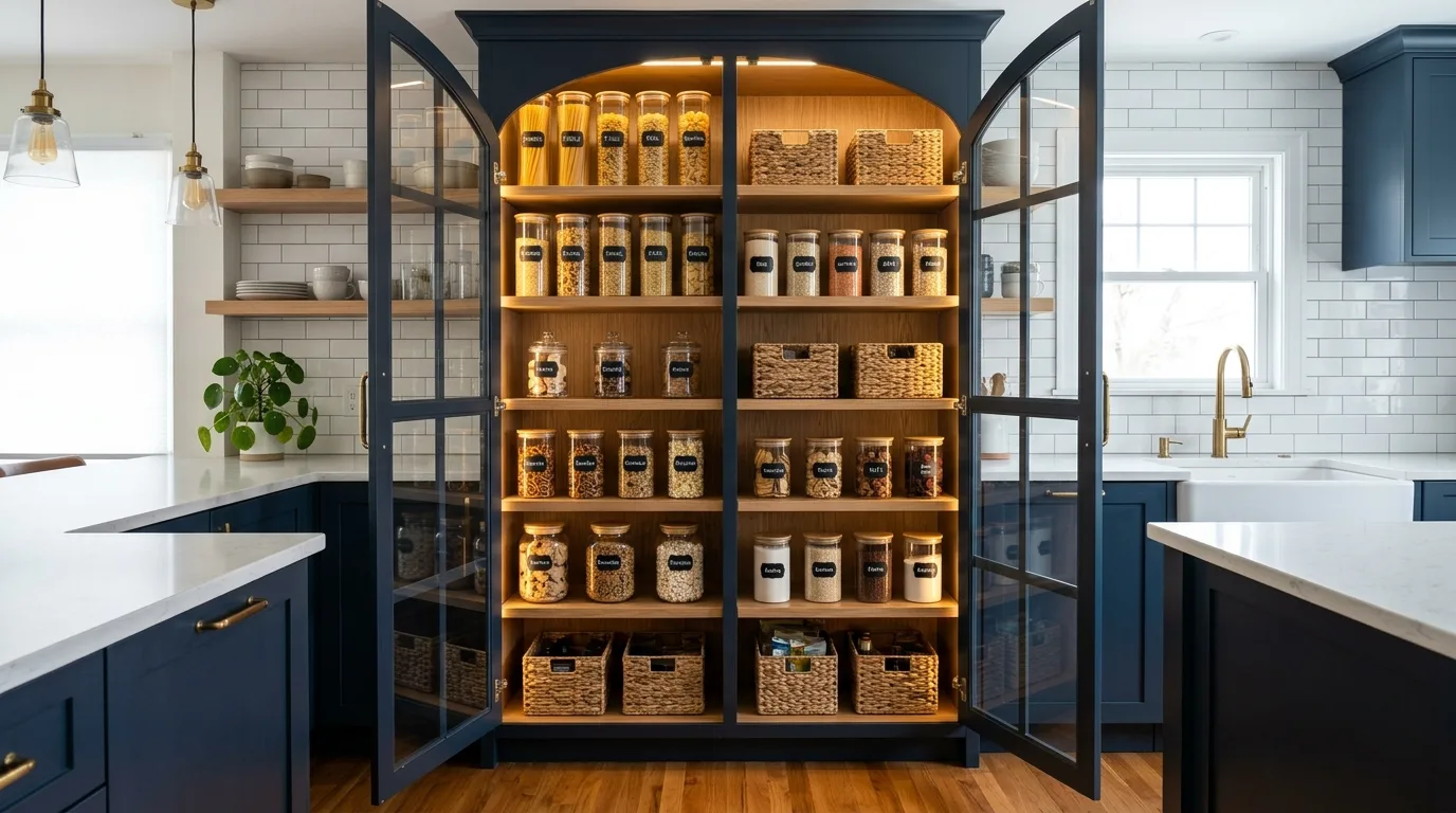 A built in DIY pantry cabinet beside the refrigerator with deep hidden kitchen storage, no people