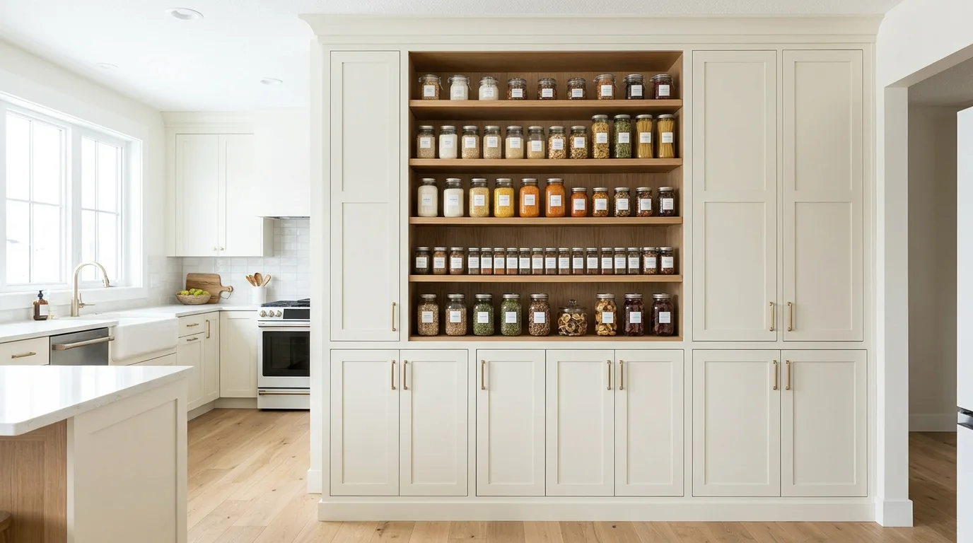 A modern white DIY pantry cabinet with lower drawers and upper glass panel doors, no people