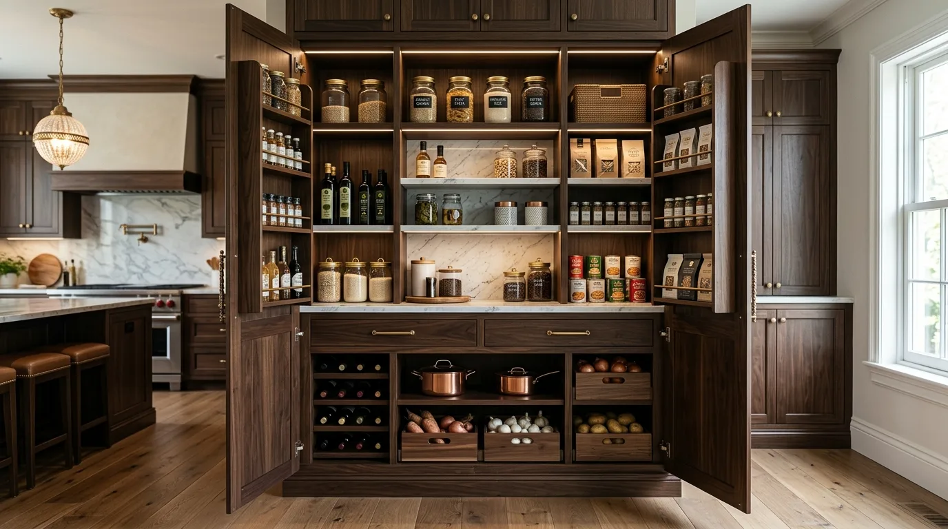 A DIY breakfast pantry cabinet with cereal drawers and a toaster shelf for morning organization, no people
