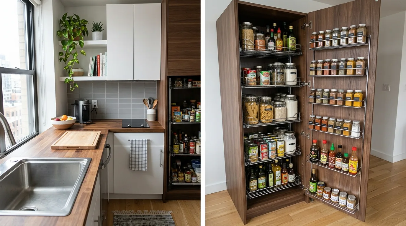 A freestanding DIY pantry cabinet with an arched top and custom shelving in a stylish kitchen, no people