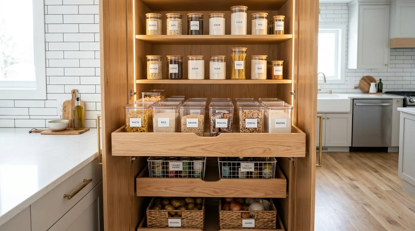 A functional DIY pantry cabinet with lower produce drawers and upper baking supply storage, no people