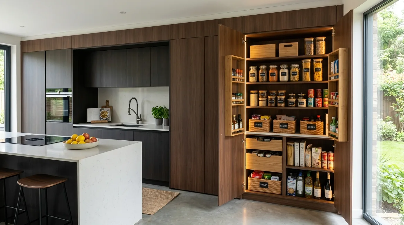 A full height DIY pantry cabinet with ladder rail styling and deep organized kitchen storage, no people