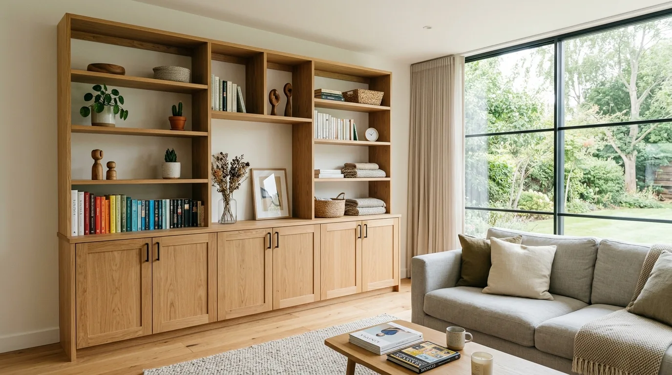A slim DIY storage cabinet in a hallway with upper drawers and closed lower doors, no people