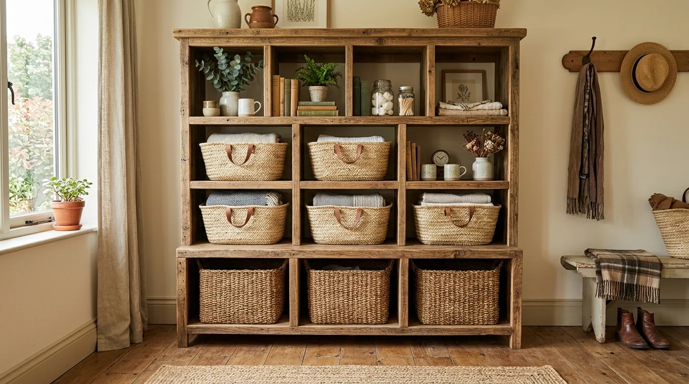 A custom DIY mudroom storage cabinet wall with baskets hooks and bench storage, no people