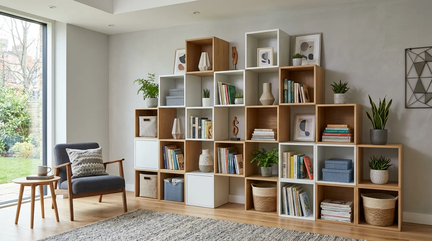 A DIY office storage cabinet with printer shelf and organized supply drawers, no people