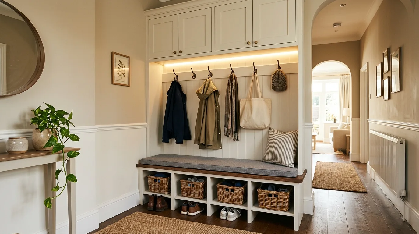 A DIY bedroom wardrobe style storage cabinet with double doors and top storage bins, no people