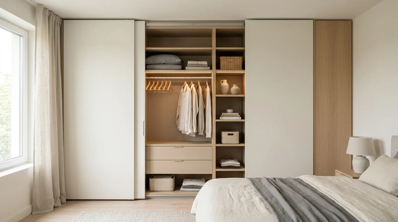 A tall DIY storage cabinet for laundry overflow with a broom section and shelves, no people