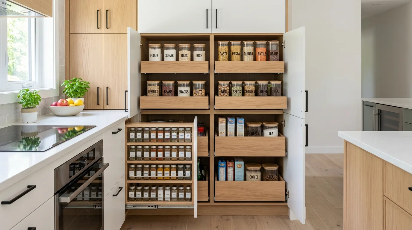 A DIY dining room sideboard storage cabinet with deep hidden serving storage, no people