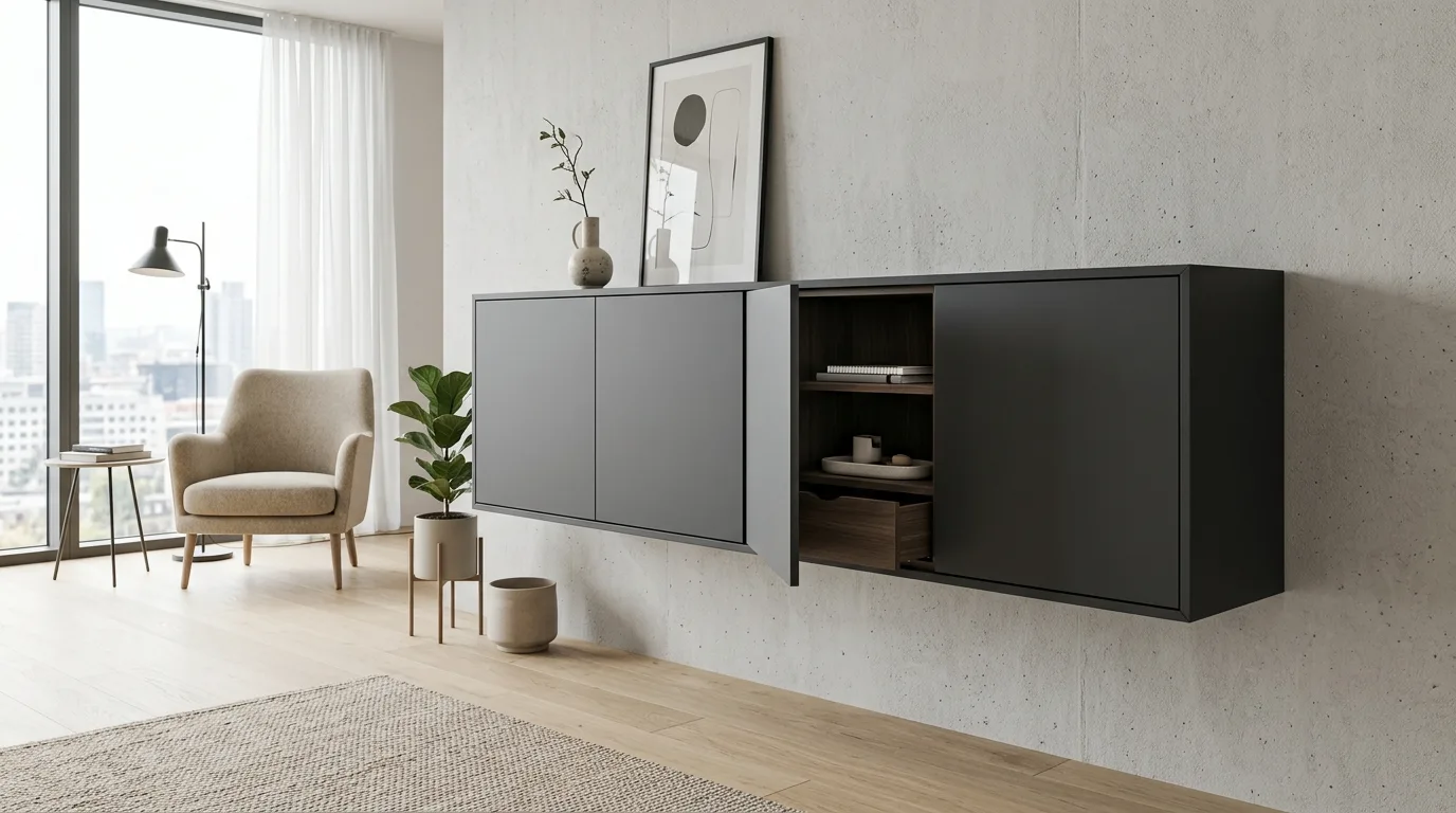 A DIY entry storage cabinet near a garage with shoe shelves and a charging drawer, no people
