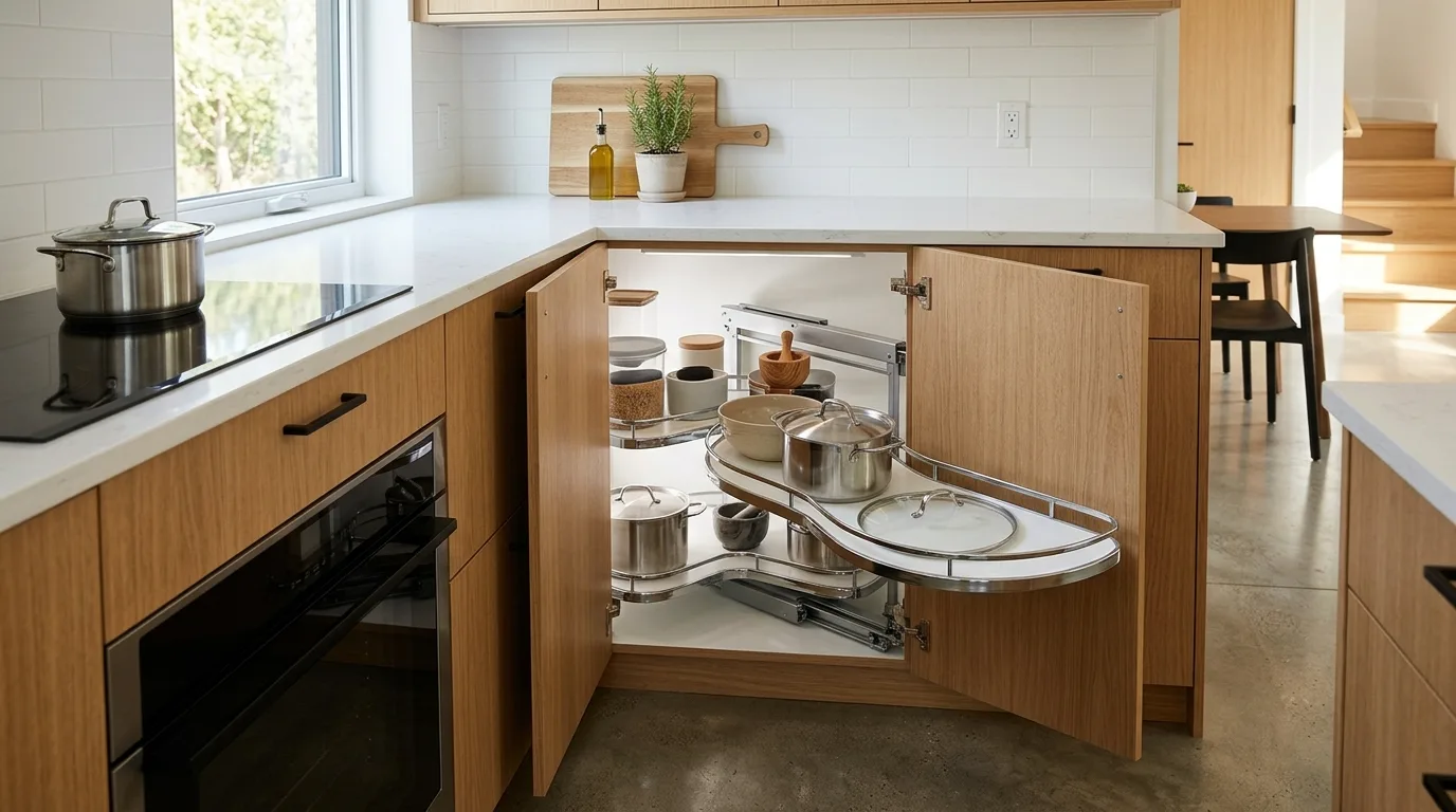 A DIY kitchen utility storage cabinet with pantry doors and an appliance lift, no people