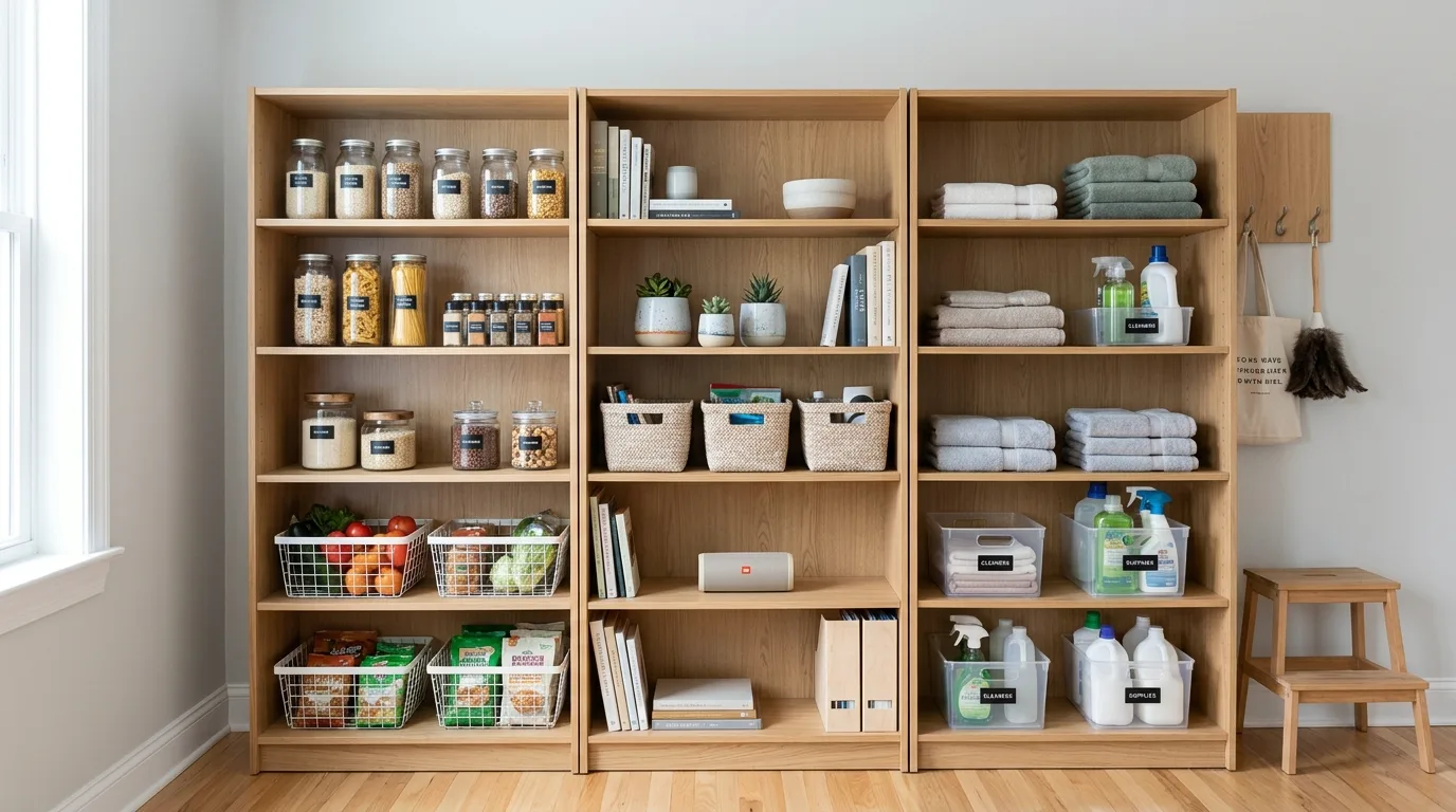 A DIY craft room storage cabinet wall with shallow upper cabinets and deep base storage, no people
