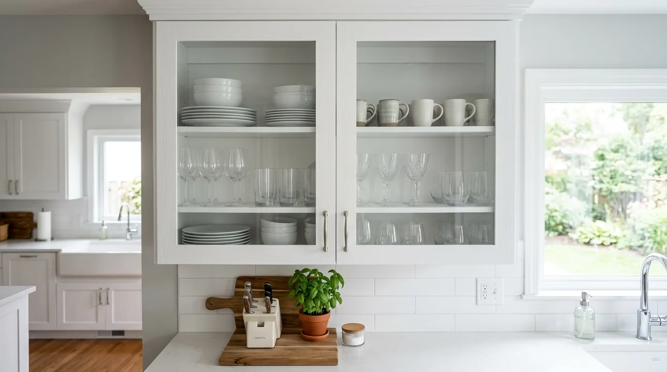 DIY cabinet doors with clear glass panels and warm wood frames, no people