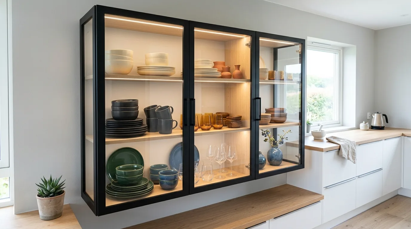 A modern DIY pantry cabinet with black framed glass doors, no people