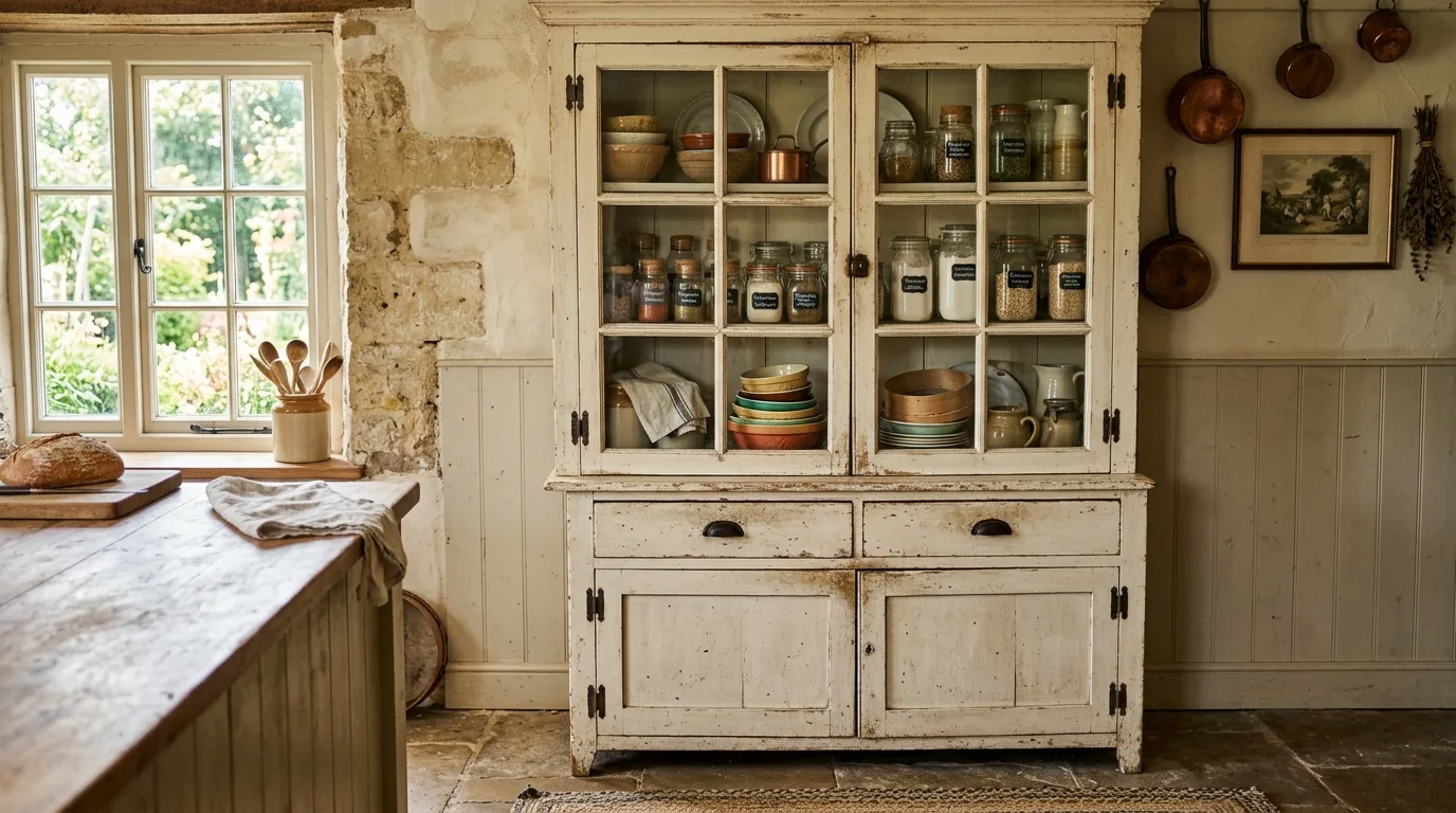 Painted DIY built in cabinet doors with upper glass panels and lower solid panels, no people