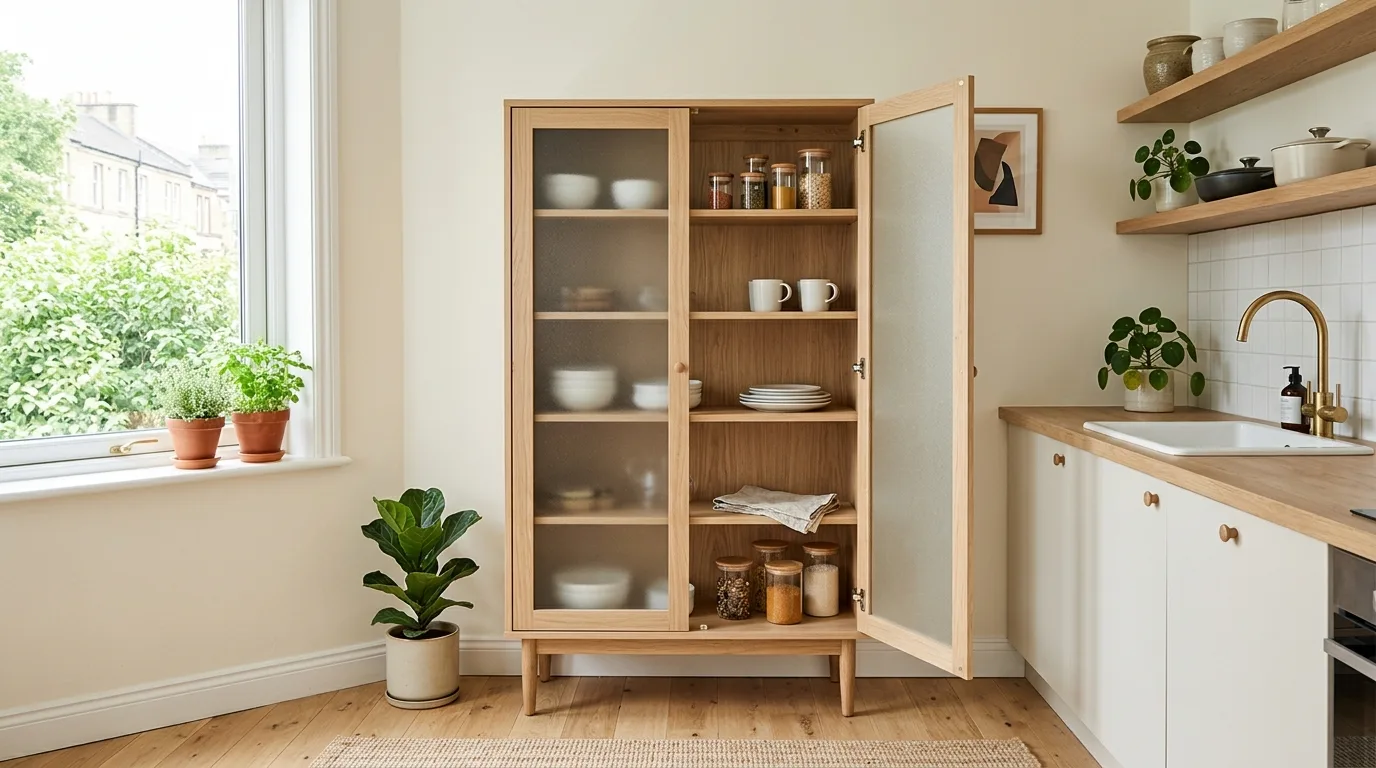 Arched DIY cabinet doors with glass panels for a custom furniture look, no people
