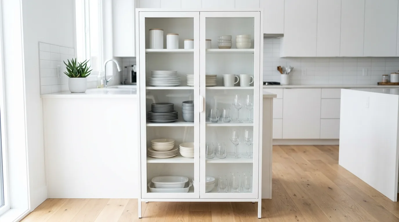 DIY corner cabinet doors with glass panels displaying pottery, no people