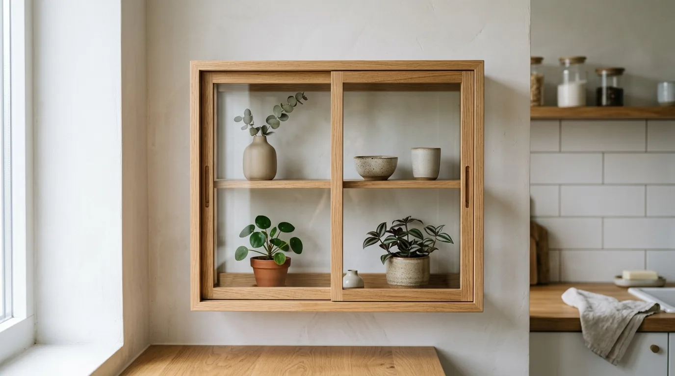 DIY coffee bar cabinet doors with fluted glass and interior lighting, no people