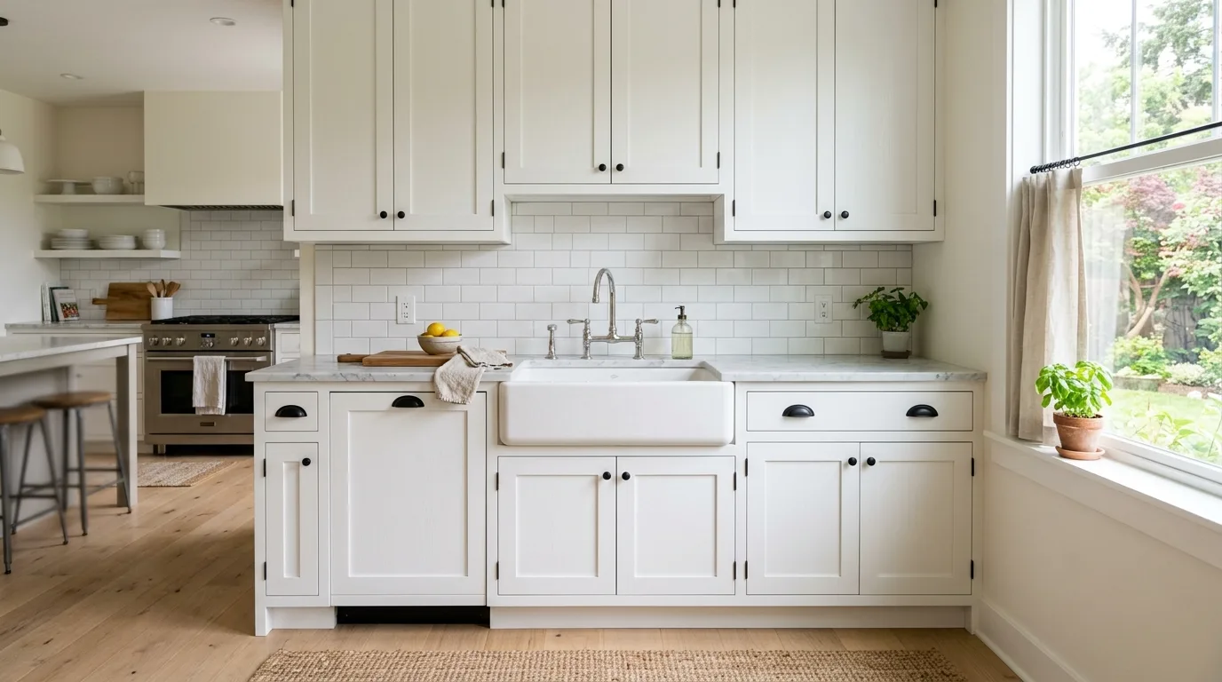 Classic white DIY shaker cabinet doors with crisp square rails, no people