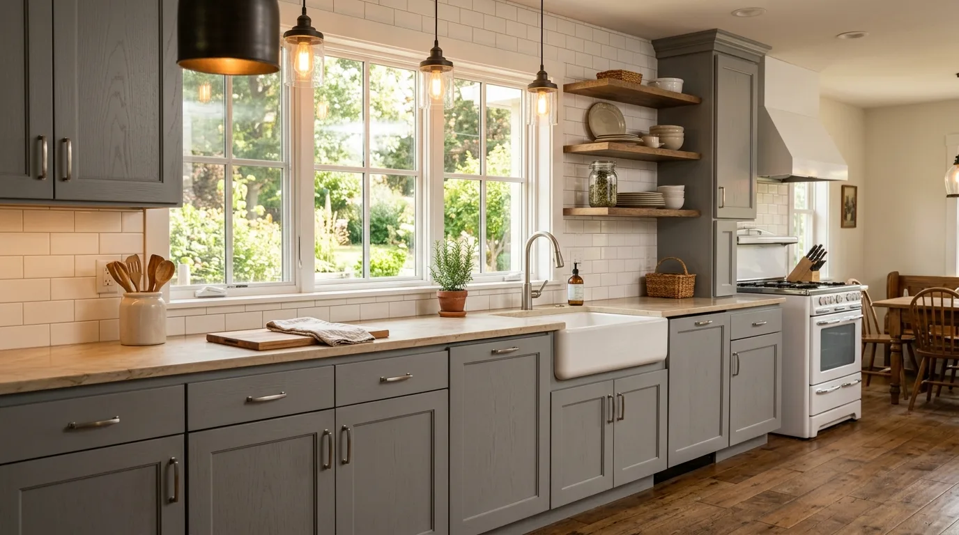 Warm oak DIY shaker cabinet doors in a traditional kitchen, no people