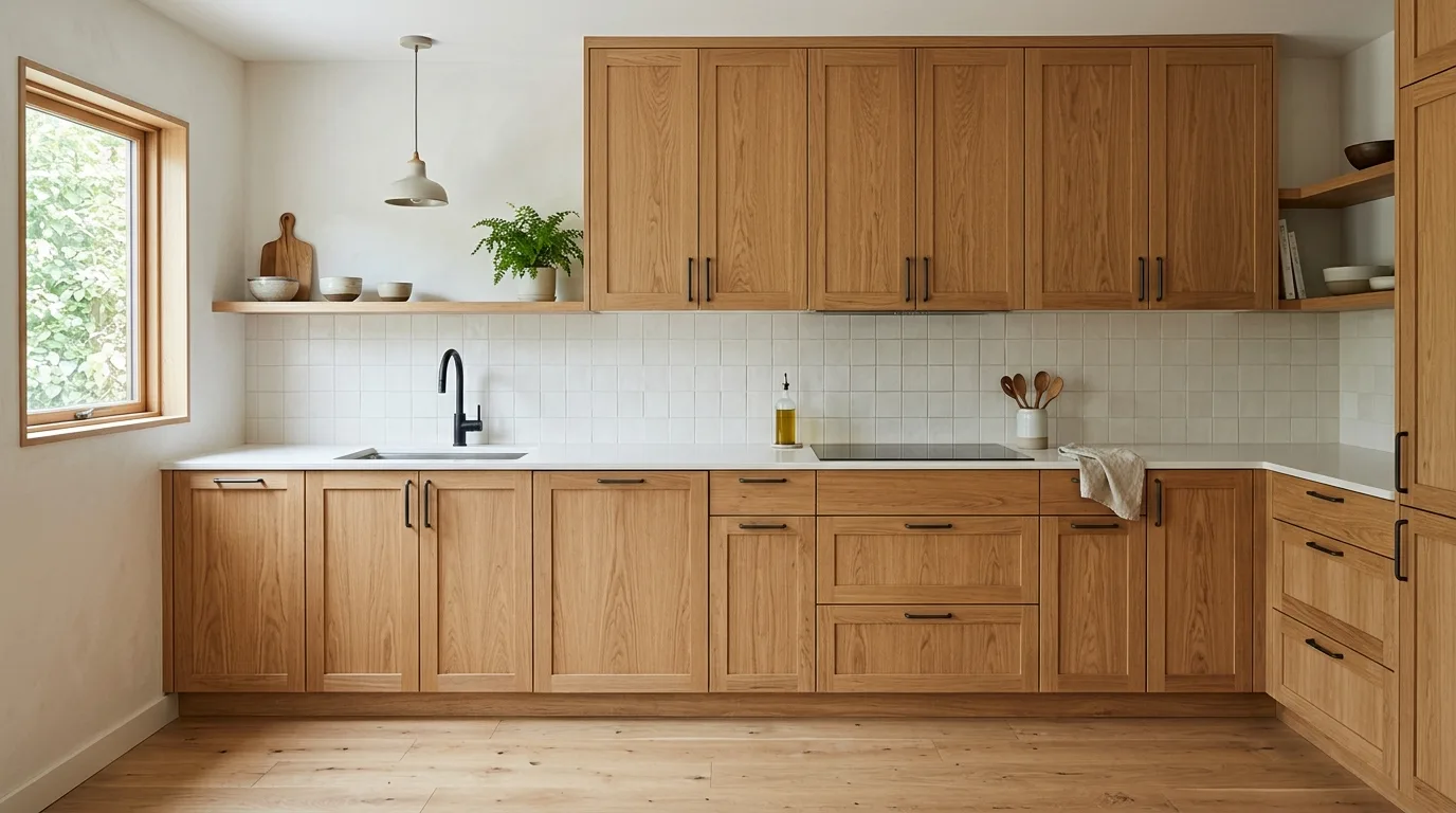 Inset DIY shaker cabinet doors with narrow reveals and brass knobs, no people