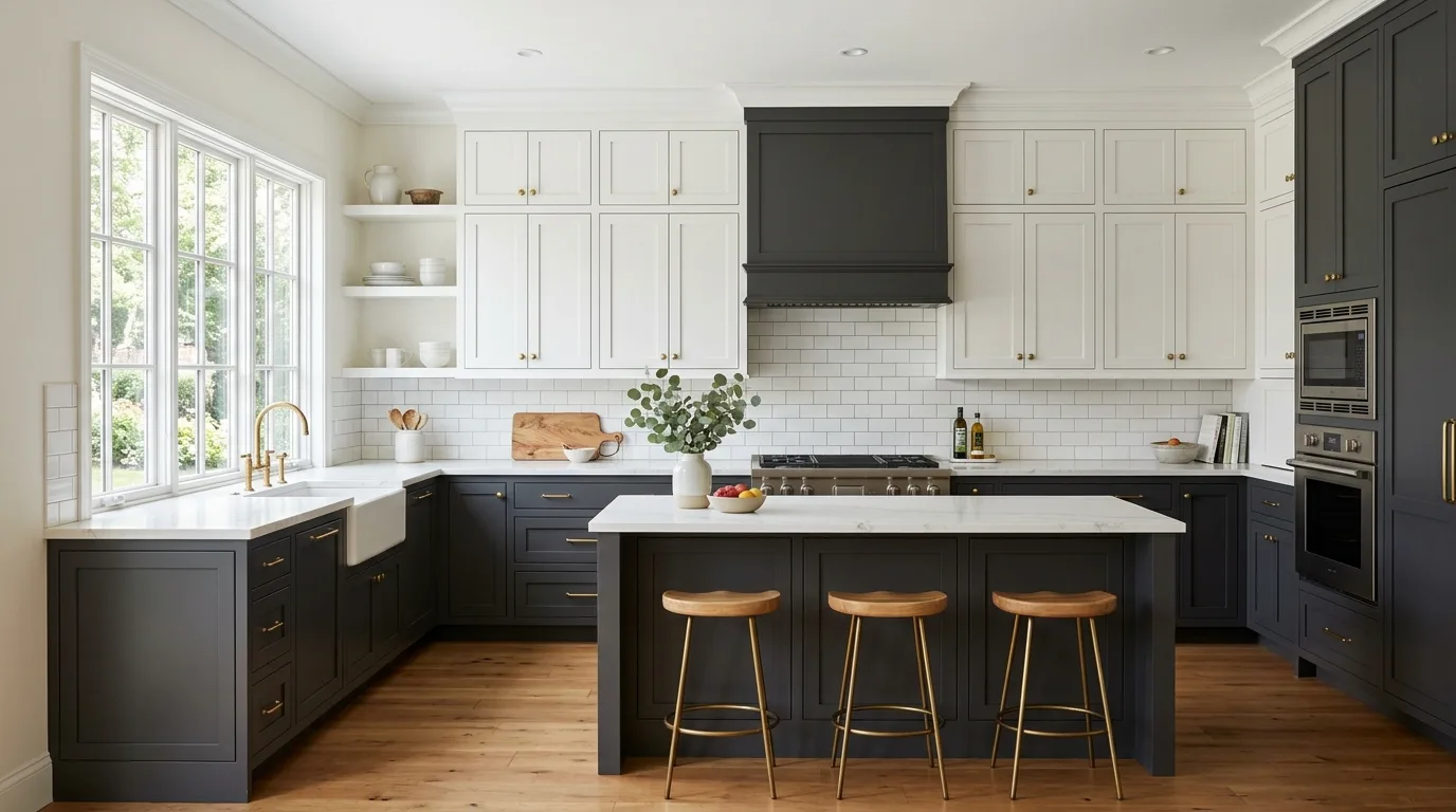 A DIY kitchen island with shaker style panel fronts and integrated appliance details, no people