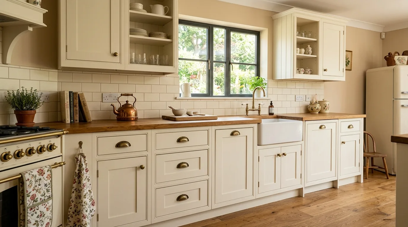 Painted DIY shaker cabinet doors with exposed hinges for traditional charm, no people