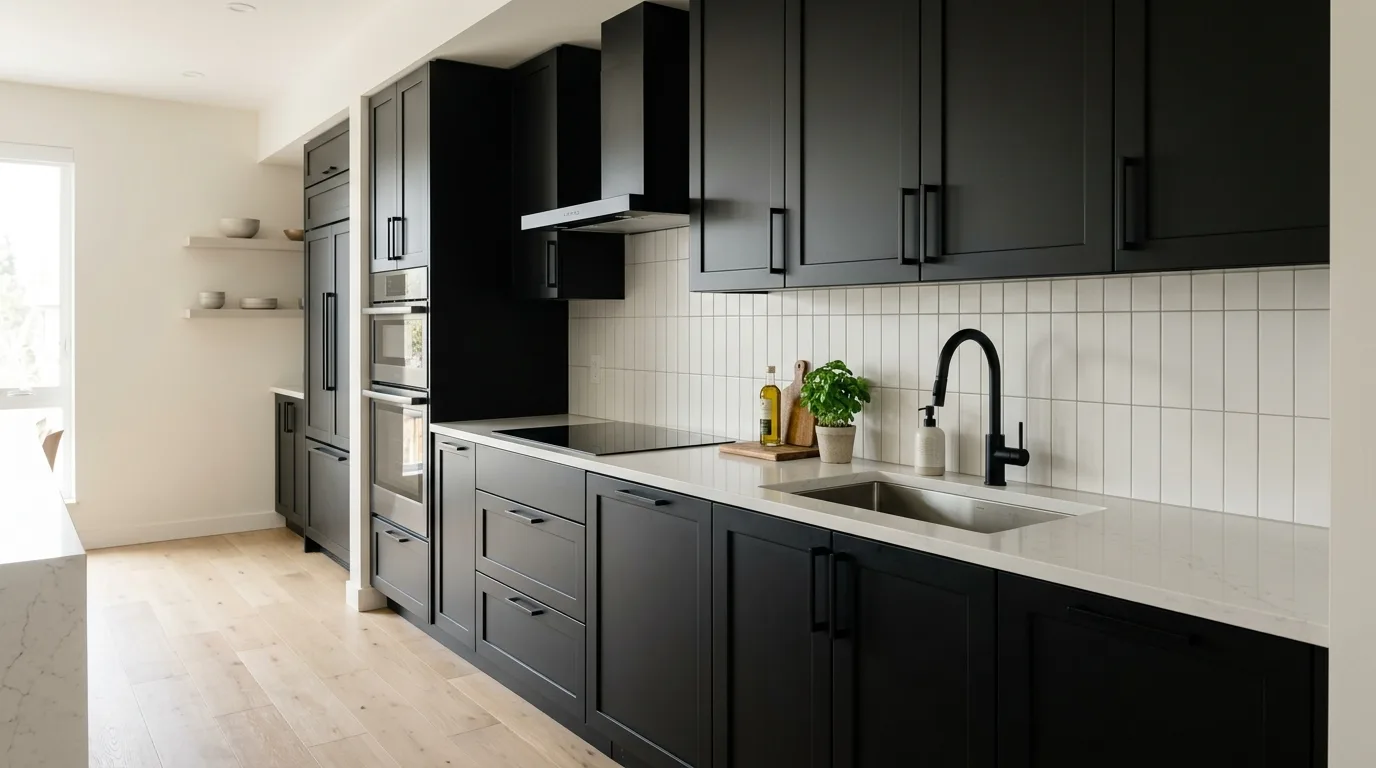 Beige DIY shaker cabinet doors with wide lower drawers in a calm kitchen, no people