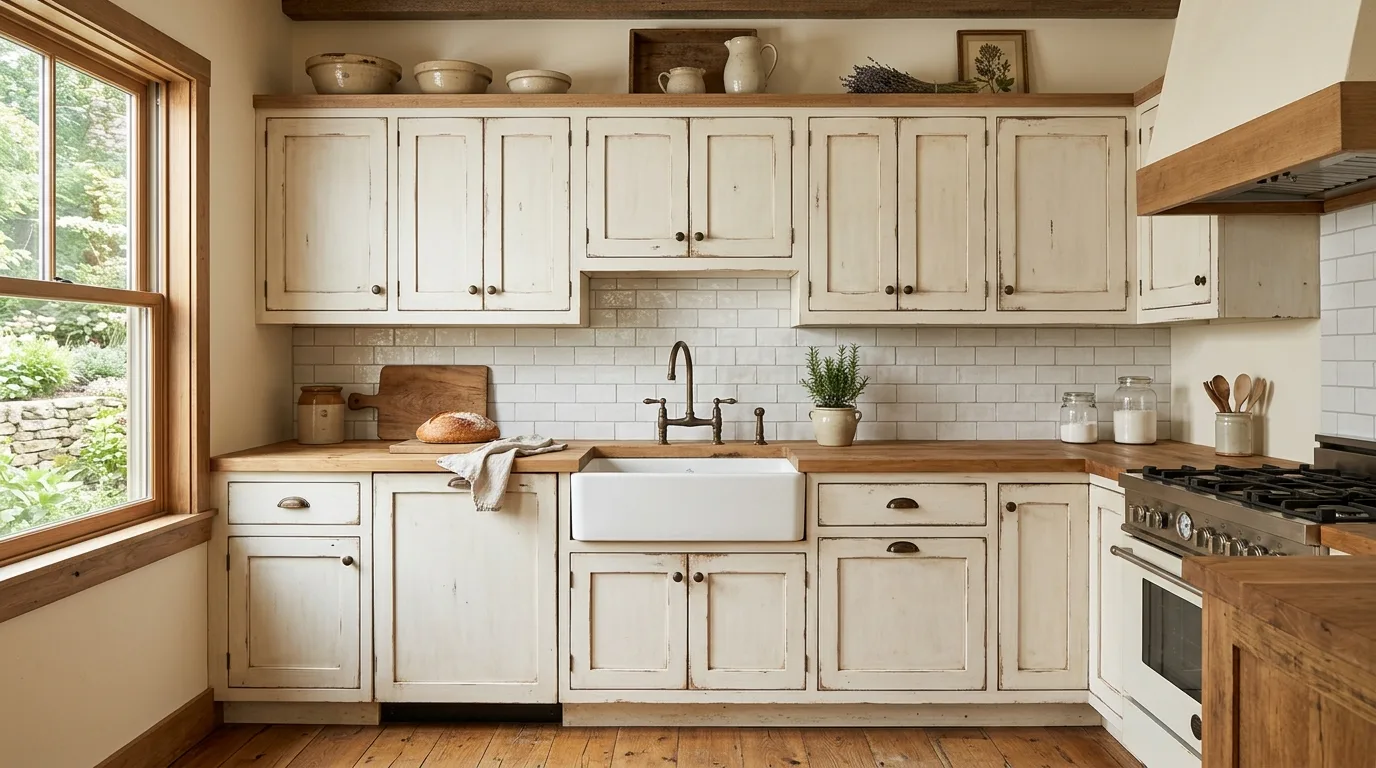 DIY shaker cabinet doors in a small galley kitchen with minimal hardware, no people