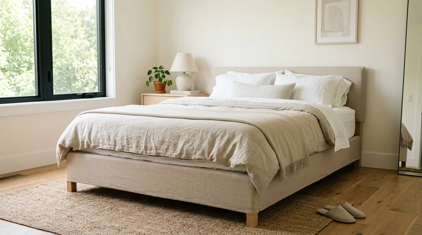 A DIY linen box spring cover with crisp corner pleats on a polished bed, no people
