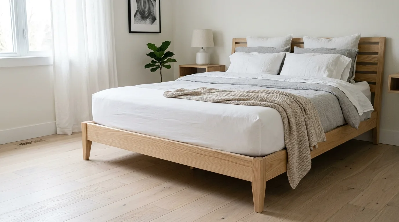 A DIY cotton box spring cover in a quiet neutral bedroom, no people