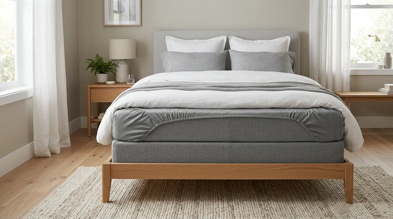 A DIY dusty blue box spring cover with a lightly gathered edge, no people